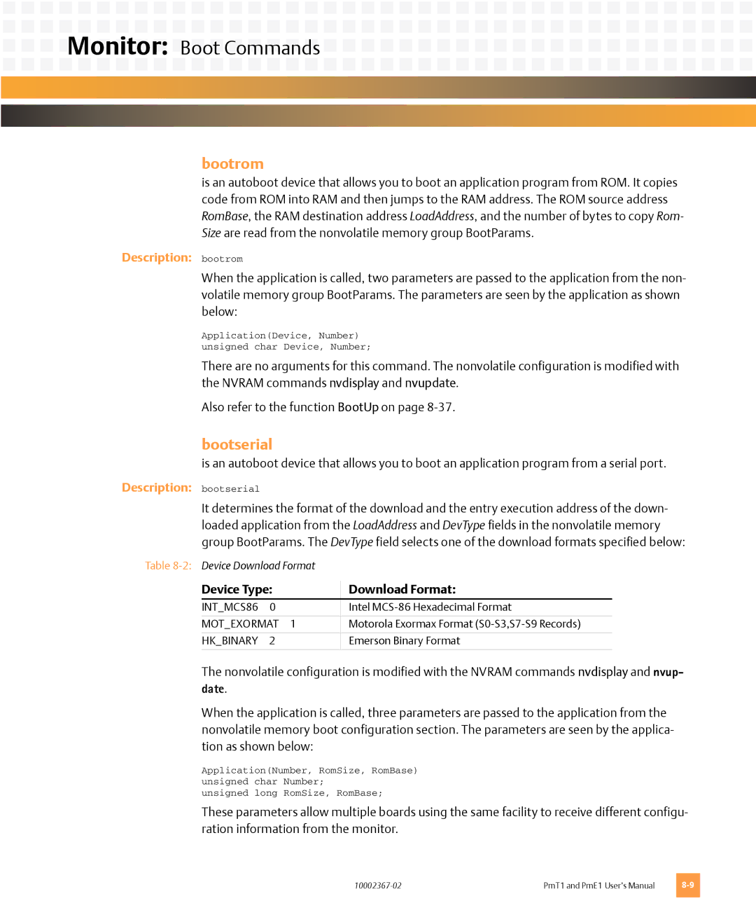 Emerson PMT1, PME1 user manual Bootrom, Bootserial, Device Type Download Format 