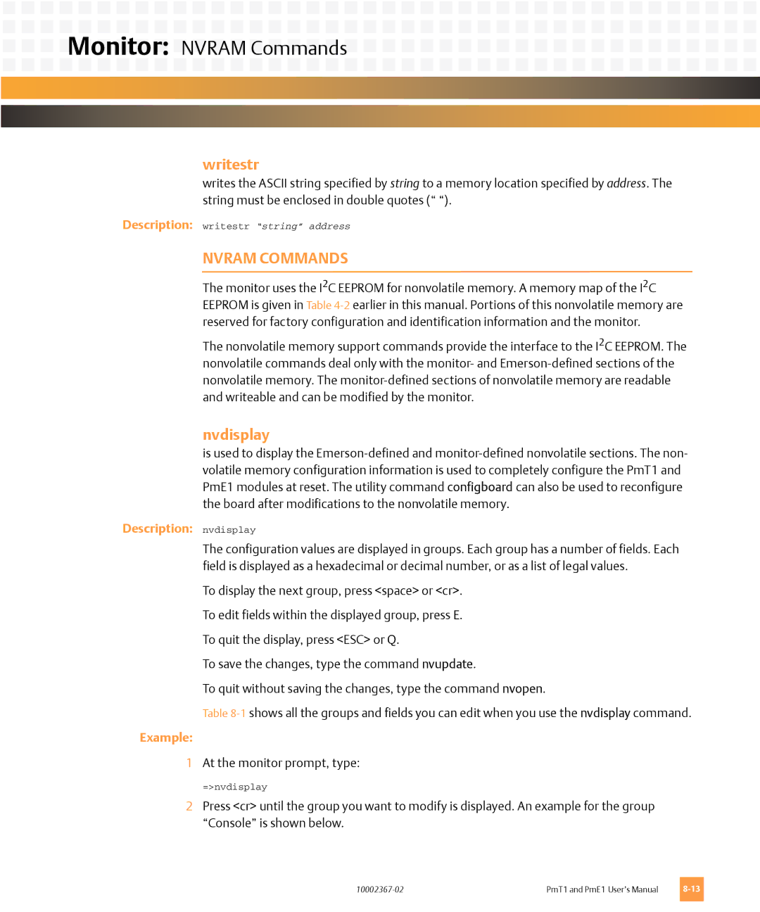 Emerson PMT1, PME1 user manual Monitor Nvram Commands, Writestr, Nvdisplay 