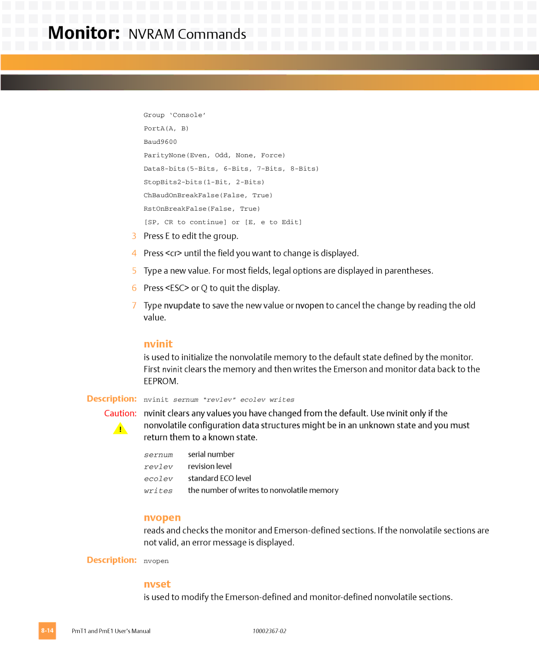 Emerson PME1, PMT1 user manual Nvinit, Nvopen, Nvset 