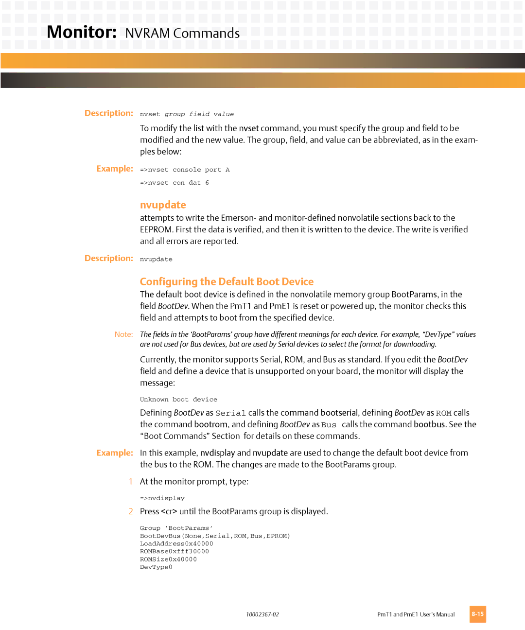 Emerson PMT1, PME1 user manual Nvupdate, Configuring the Default Boot Device 