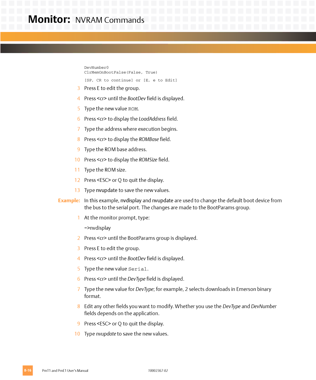 Emerson PME1, PMT1 user manual Monitor Nvram Commands 