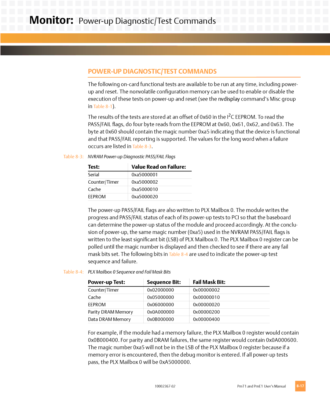 Emerson PMT1 Monitor Power-up Diagnostic/Test Commands, POWER-UP DIAGNOSTIC/TEST Commands, Test Value Read on Failure 