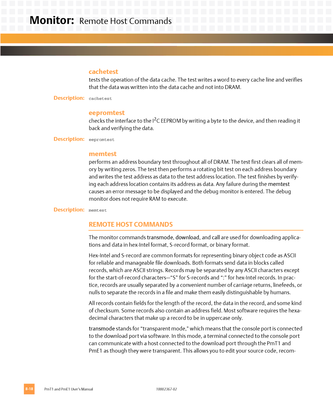 Emerson PME1, PMT1 user manual Monitor Remote Host Commands, Cachetest, Eepromtest, Memtest 