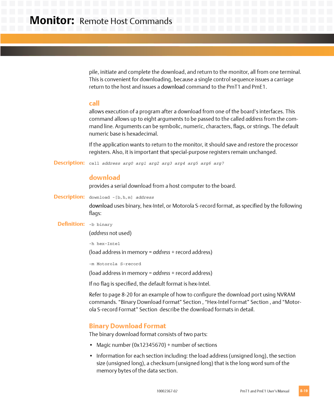 Emerson PMT1, PME1 user manual Call, Binary Download Format 