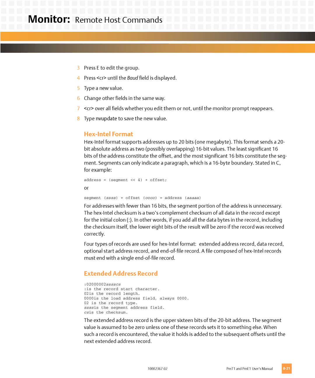 Emerson PMT1, PME1 user manual Hex-Intel Format, Extended Address Record 