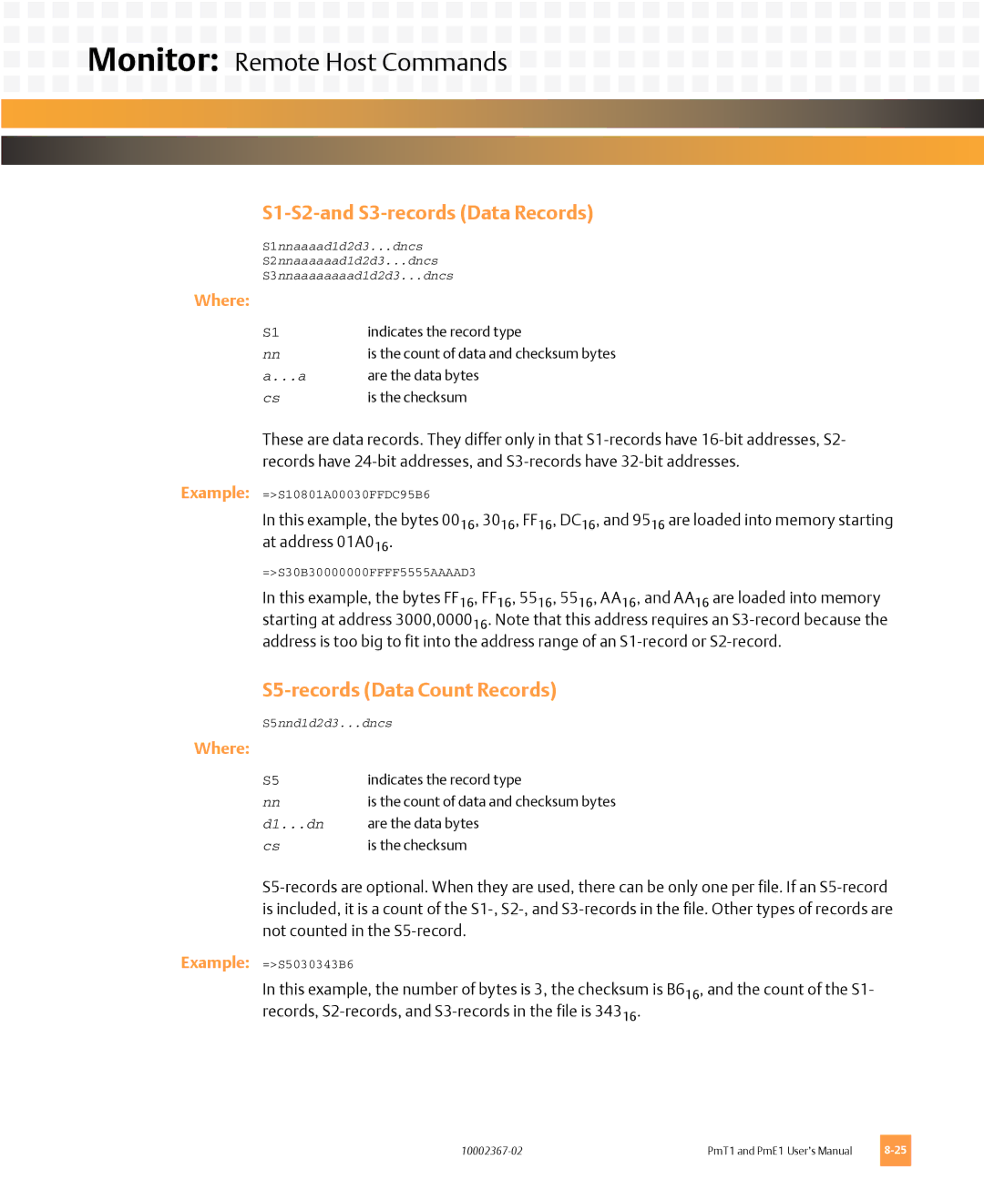 Emerson PMT1, PME1 user manual S1-S2-and S3-records Data Records, S5-records Data Count Records 