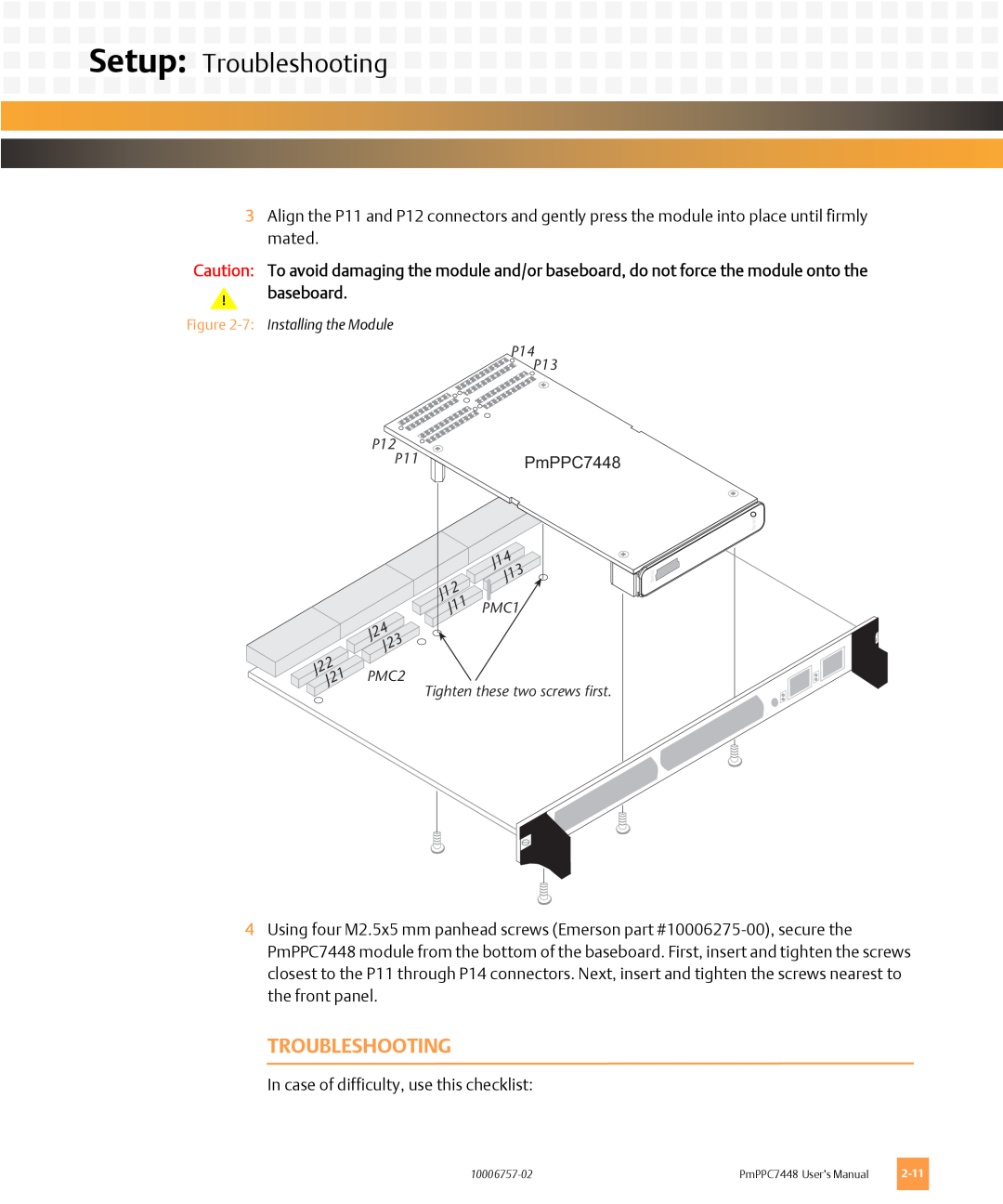 Emerson PMPPC7448 user manual Setup: Troubleshooting, baseboard 