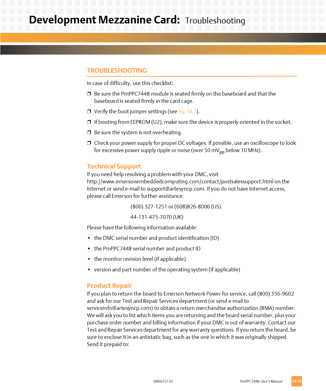 Emerson PMPPC7448 user manual Development Mezzanine Card Troubleshooting 