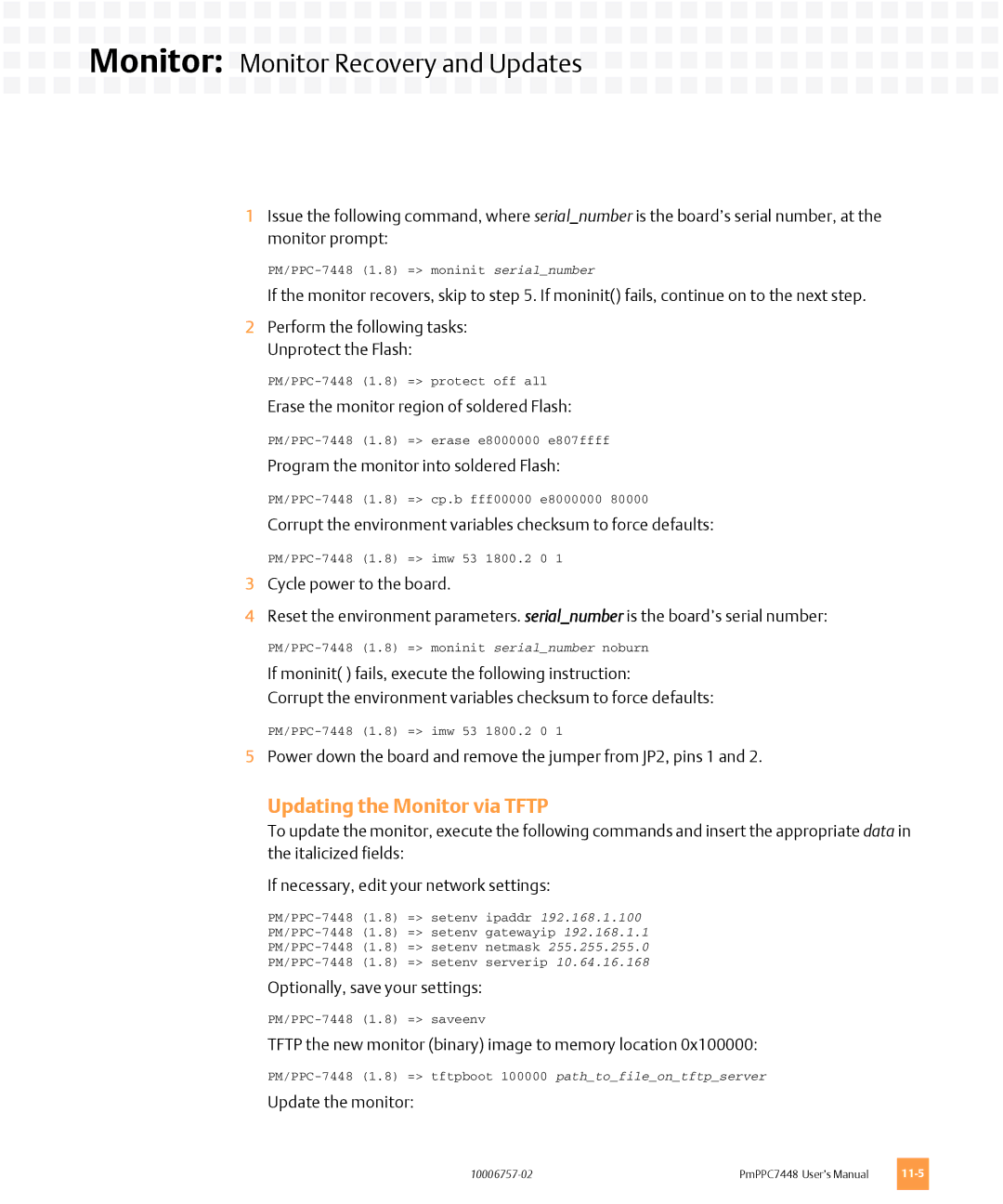 Emerson PMPPC7448 user manual Updating the Monitor via Tftp 