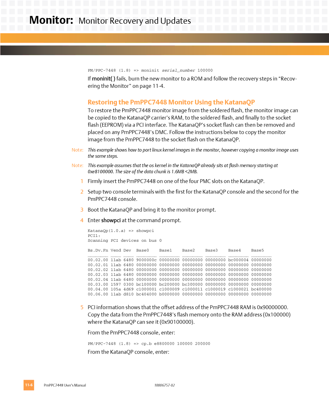 Emerson PMPPC7448 user manual Restoring the PmPPC7448 Monitor Using the KatanaQP, PCI1 