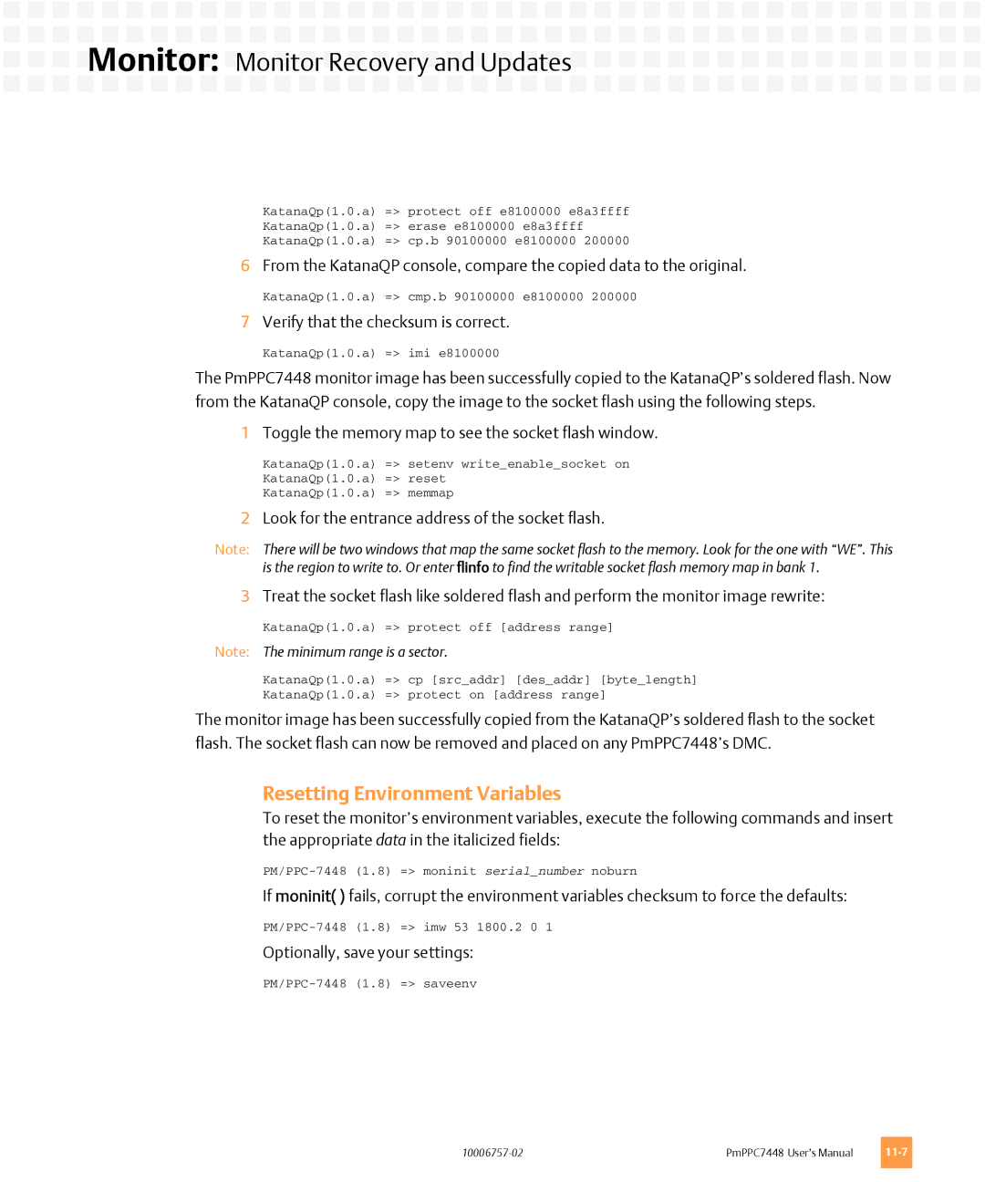 Emerson PMPPC7448 user manual Resetting Environment Variables, Verify that the checksum is correct 