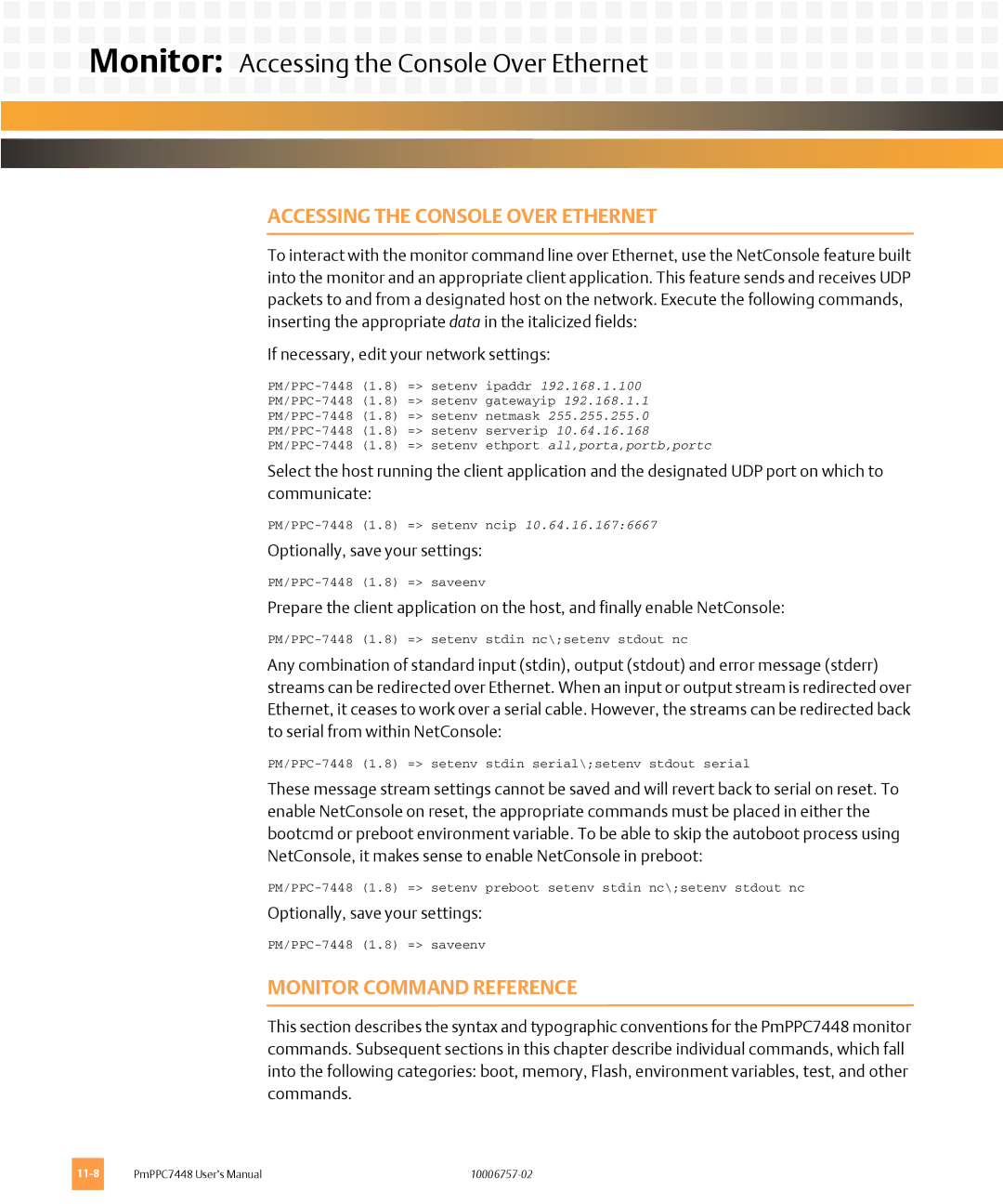 Emerson PMPPC7448 user manual Monitor Accessing the Console Over Ethernet, Monitor Command Reference 