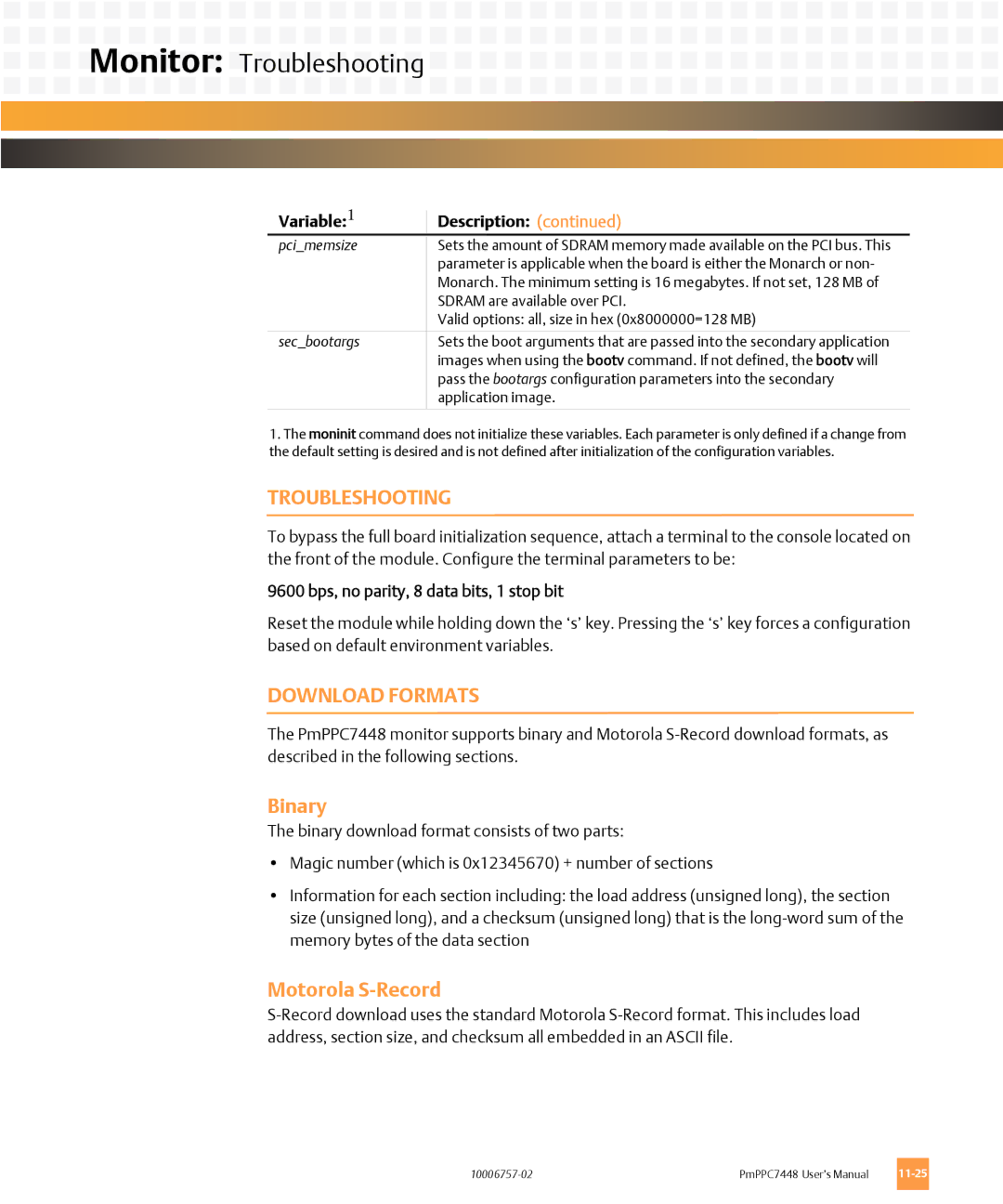 Emerson PMPPC7448 user manual Monitor Troubleshooting, Download Formats, Binary, Motorola S-Record 