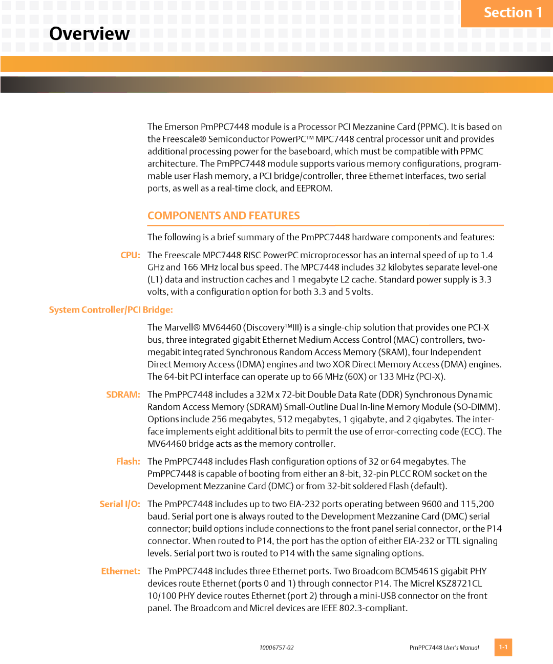 Emerson PMPPC7448 user manual Overview, Components and Features 