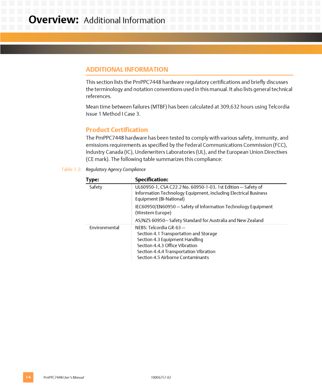 Emerson PMPPC7448 user manual Overview Additional Information, Product Certification, Type Specification 