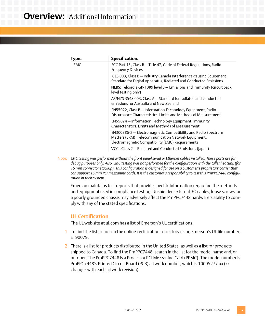 Emerson PMPPC7448 user manual UL Certification, Emc 