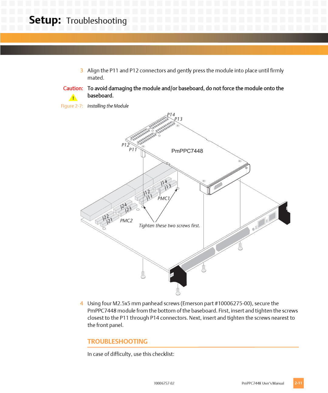 Emerson PMPPC7448 user manual Setup Troubleshooting, Baseboard 