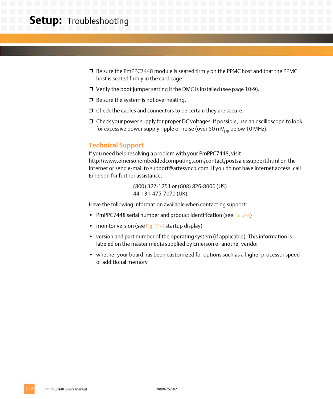 Emerson PMPPC7448 user manual Technical Support 