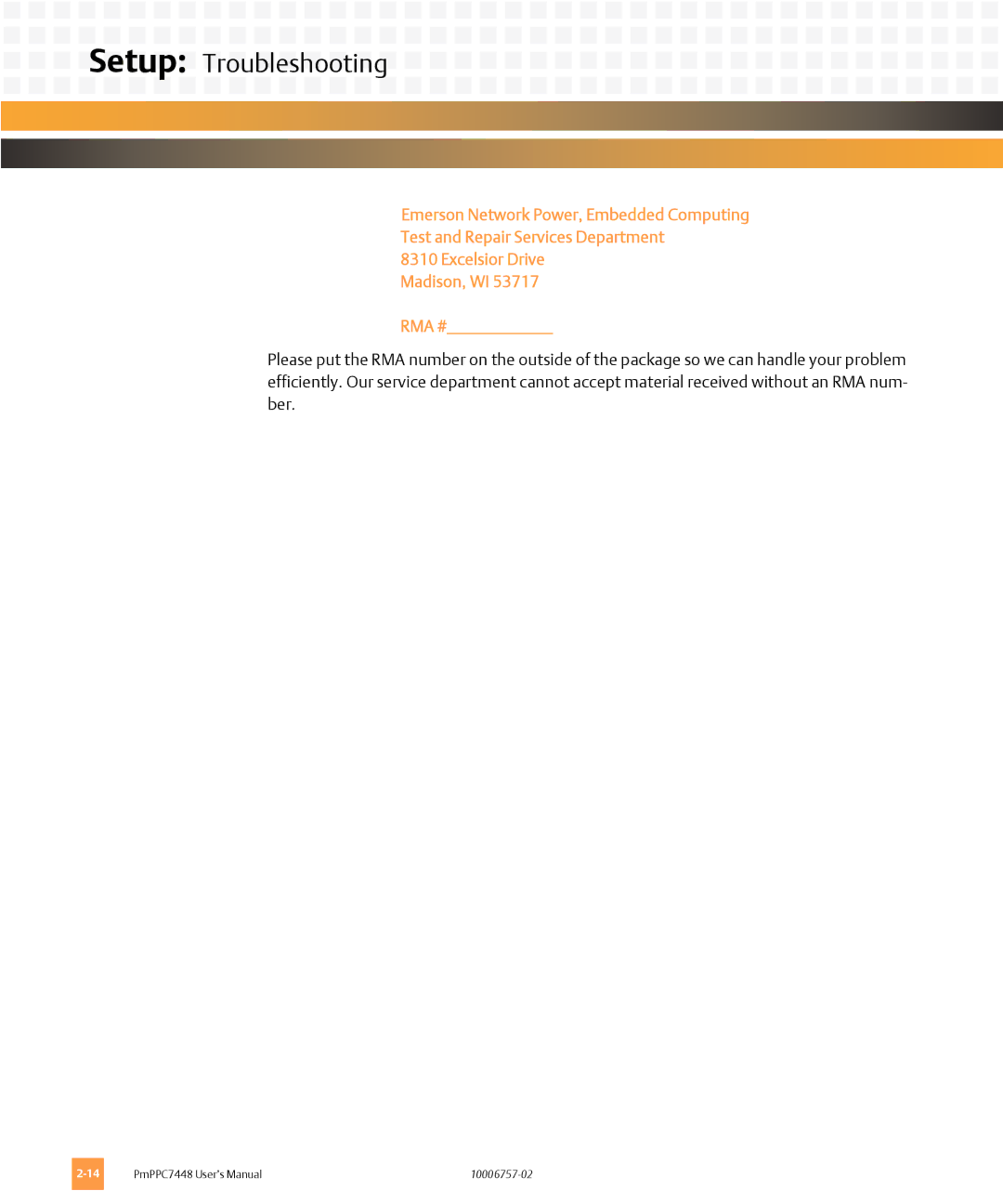 Emerson PMPPC7448 user manual Setup Troubleshooting 