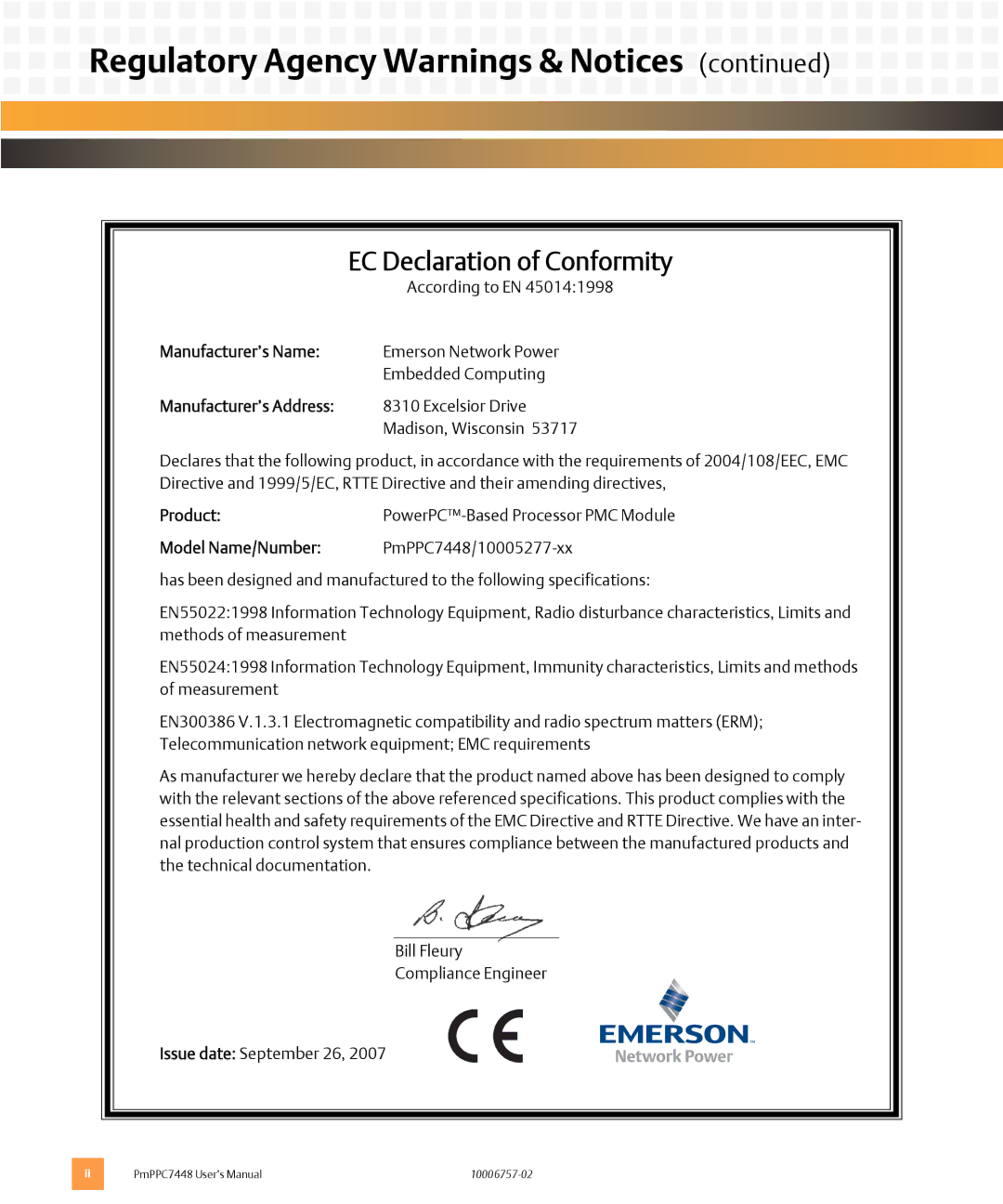 Emerson PMPPC7448 user manual Manufacturer’s Name, Product, Model Name/Number 