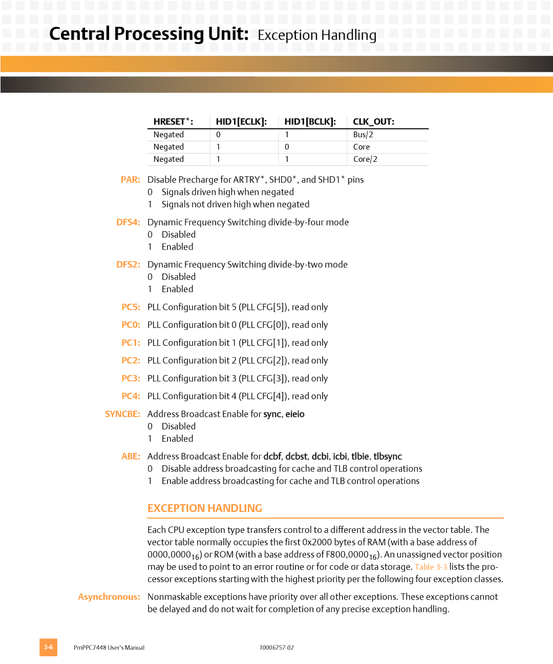 Emerson PMPPC7448 user manual Central Processing Unit Exception Handling 