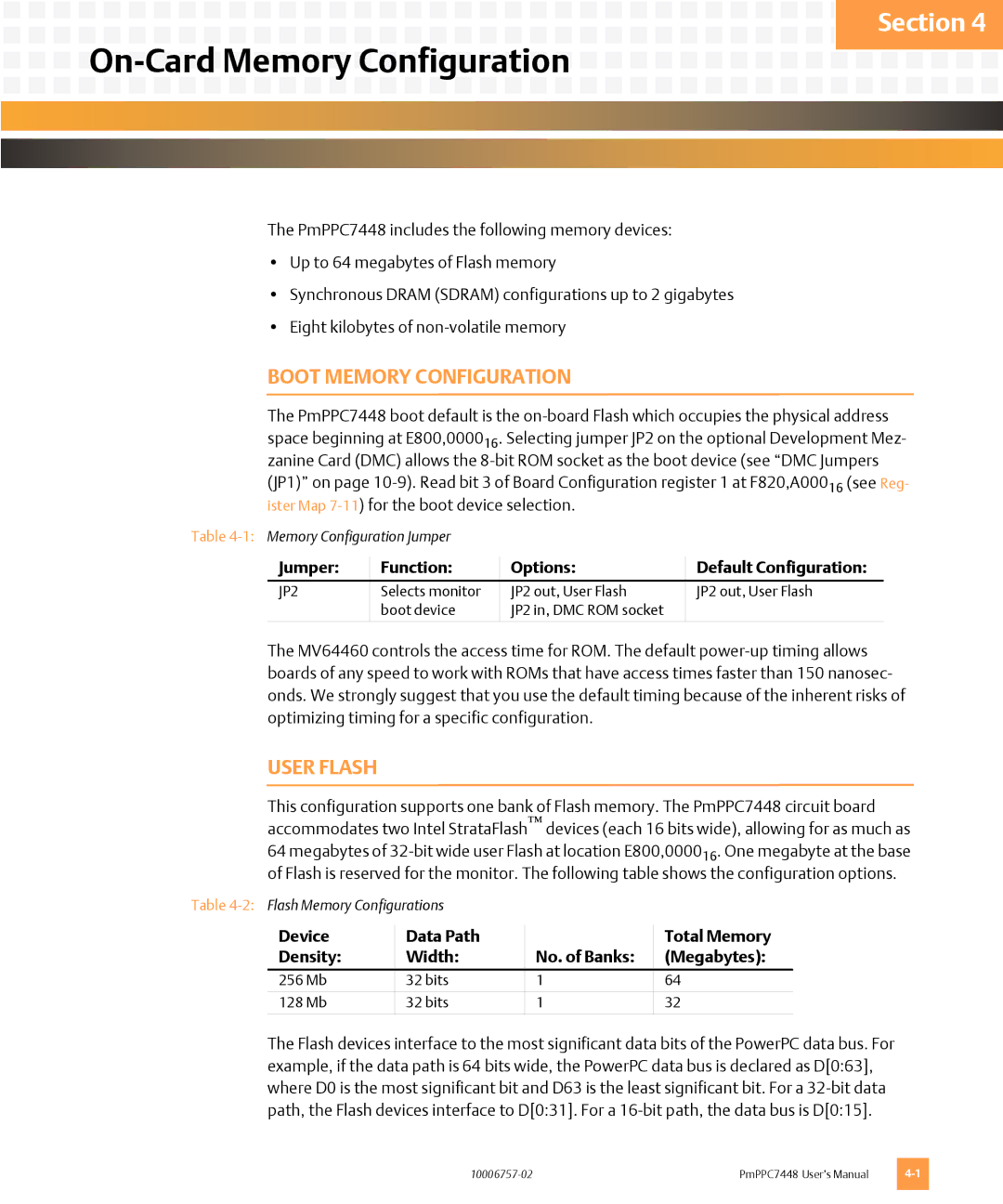 Emerson PMPPC7448 user manual On-Card Memory Configuration, Boot Memory Configuration, User Flash 