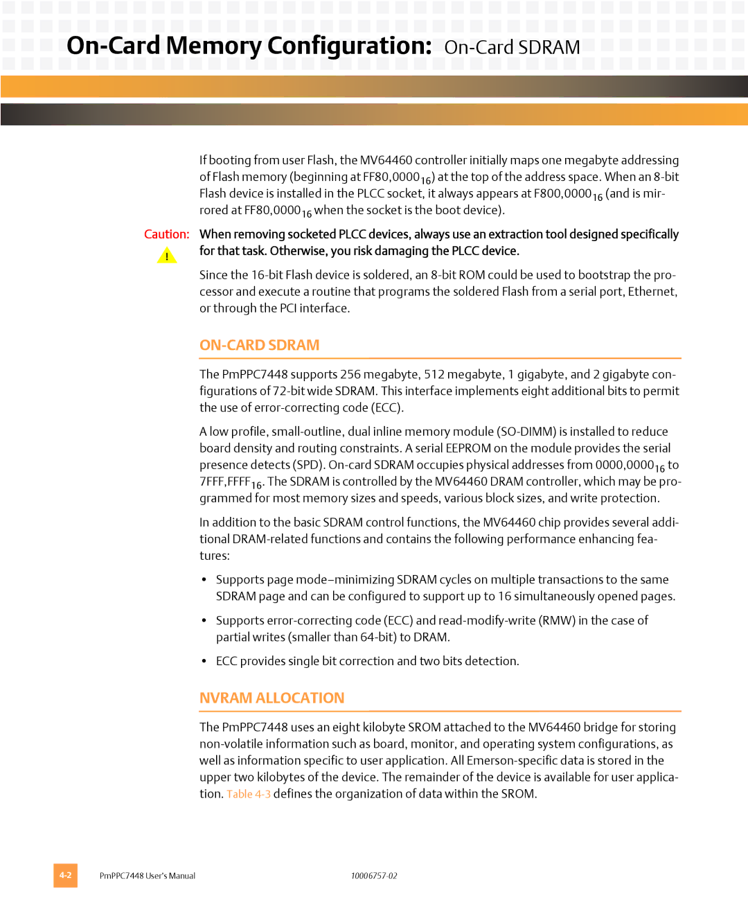 Emerson PMPPC7448 user manual On-Card Memory Configuration On-Card Sdram, ON-CARD Sdram, Nvram Allocation 