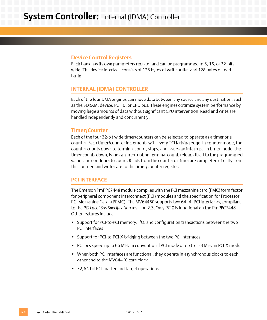 Emerson PMPPC7448 System Controller Internal Idma Controller, Device Control Registers, Timer/Counter, PCI Interface 