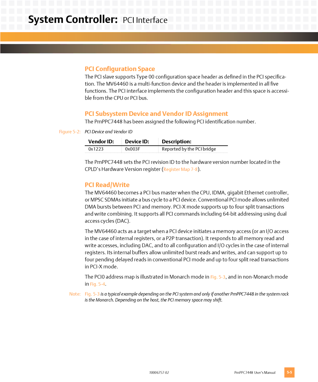 Emerson PMPPC7448 System Controller PCI Interface, PCI Configuration Space, PCI Subsystem Device and Vendor ID Assignment 