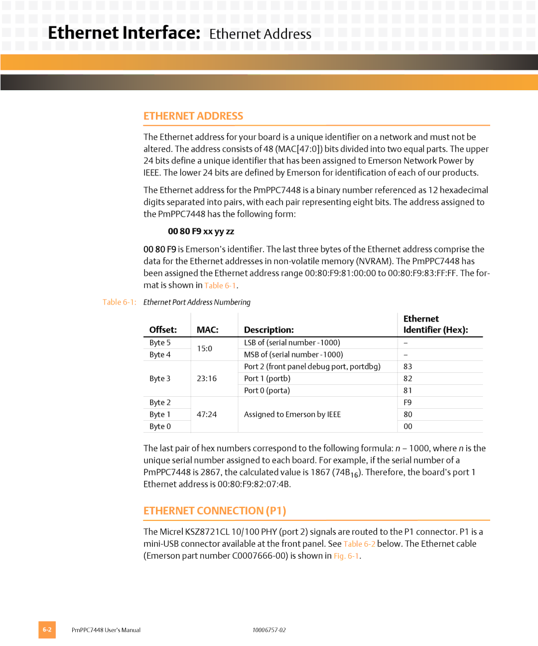 Emerson PMPPC7448 user manual Ethernet Interface Ethernet Address, Ethernet Connection P1 