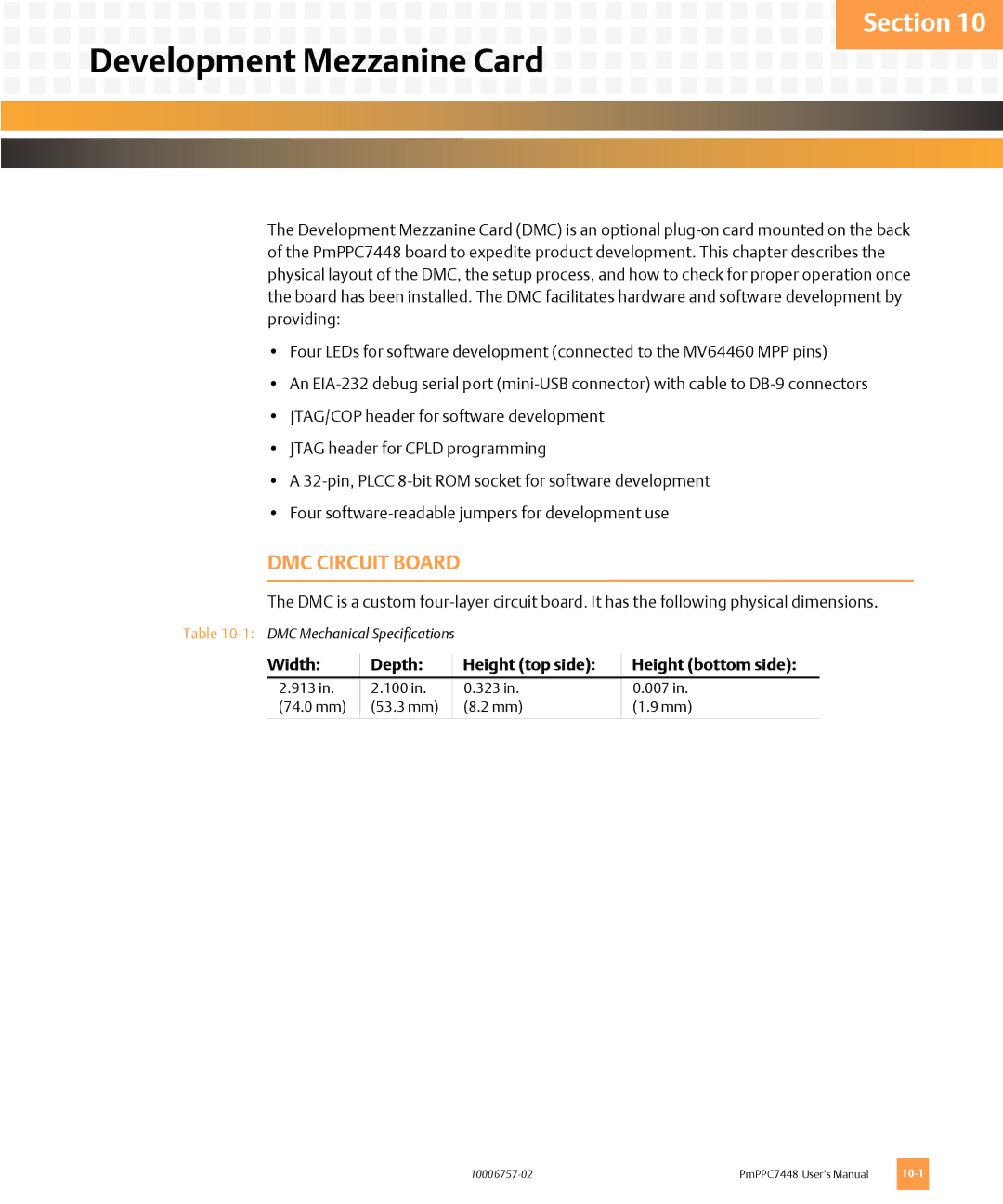 Emerson PMPPC7448 user manual Development Mezzanine Card, DMC Circuit Board 