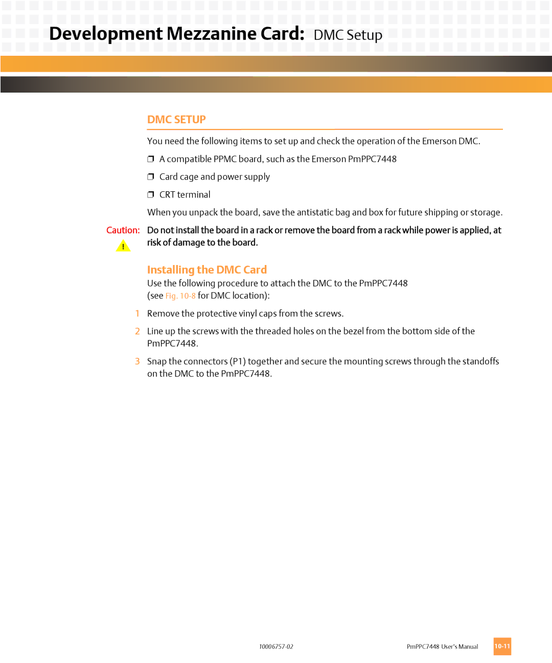 Emerson PMPPC7448 user manual Development Mezzanine Card DMC Setup, Installing the DMC Card 