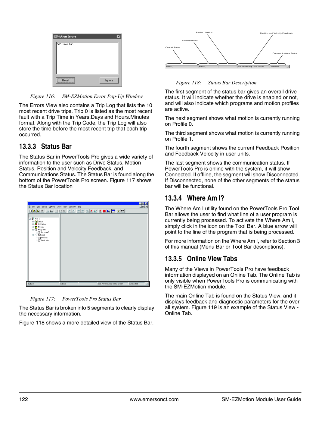 Emerson P/N 400361-00 manual Where Am I?, Online View Tabs, SM-EZMotion Error Pop-Up Window, Status Bar Description 