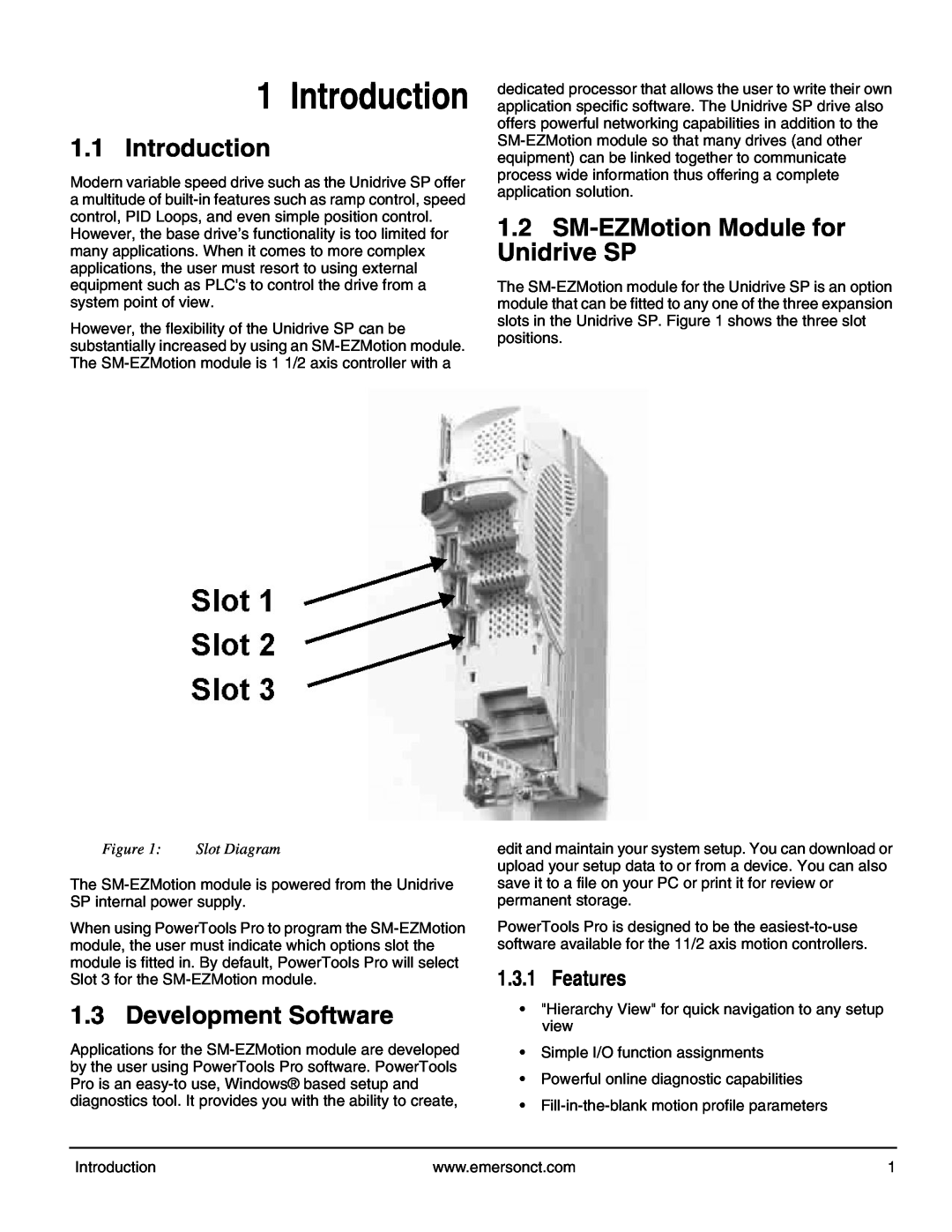 Emerson P/N 400361-00 manual Introduction, Development Software, SM-EZMotion Module for Unidrive SP, Features 