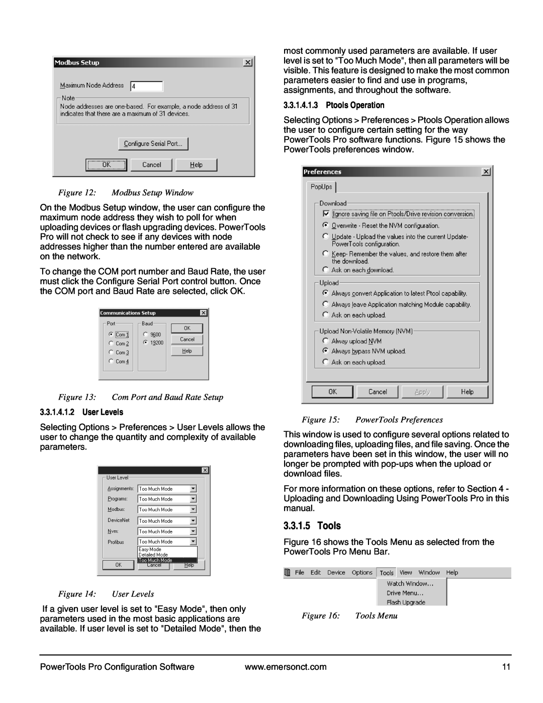 Emerson P/N 400361-00 manual Modbus Setup Window, Com Port and Baud Rate Setup, PowerTools Preferences, User Levels 