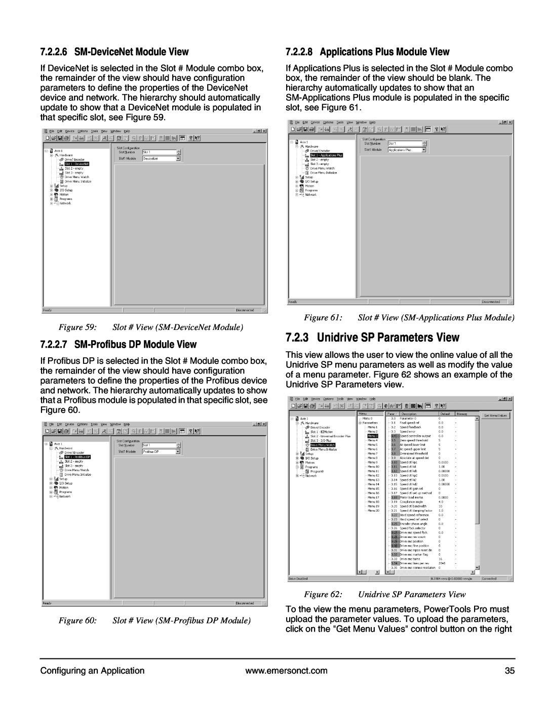Emerson P/N 400361-00 manual Unidrive SP Parameters View, SM-DeviceNet Module View, Applications Plus Module View 