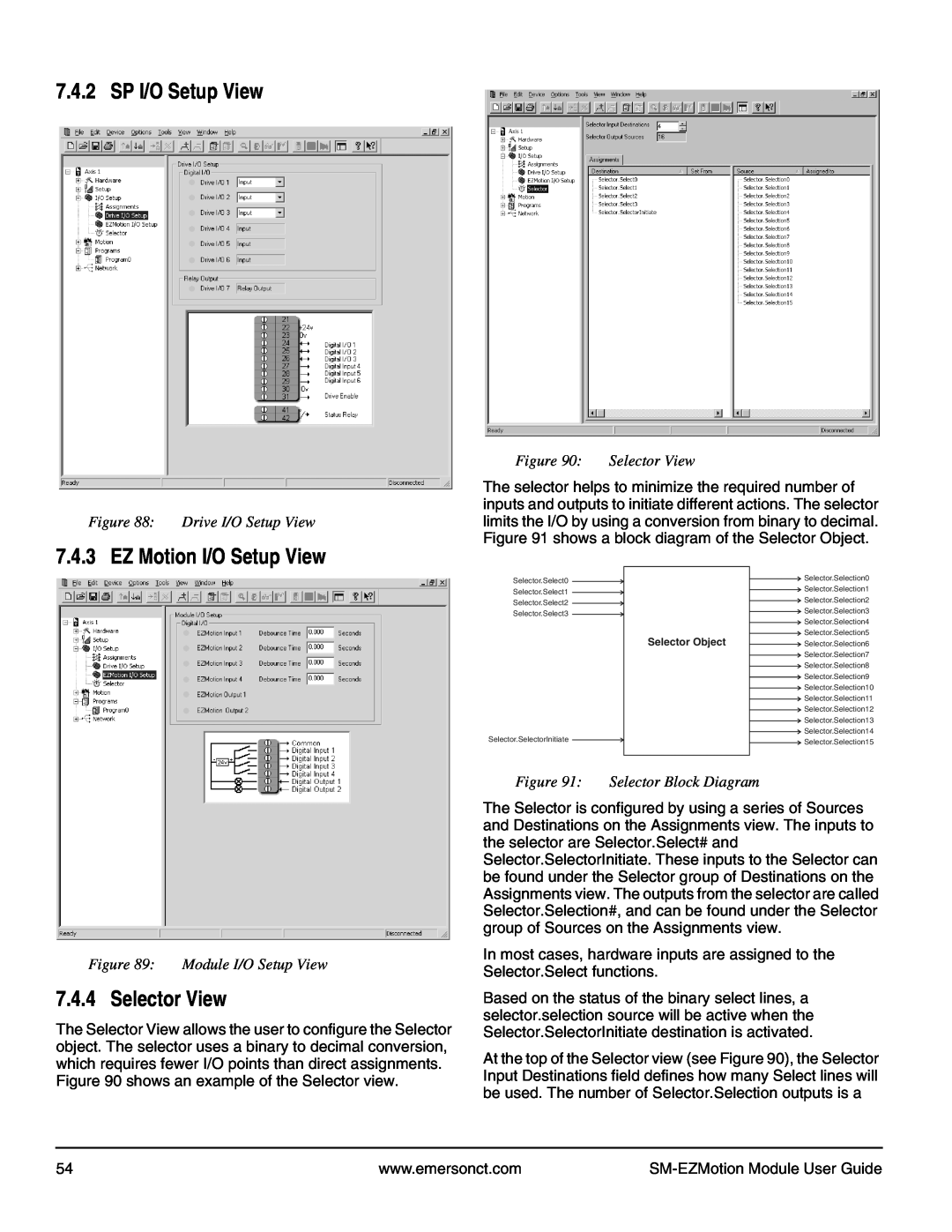 Emerson P/N 400361-00 manual SP I/O Setup View, EZ Motion I/O Setup View, Selector View, Drive I/O Setup View 