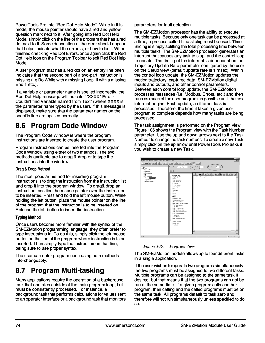 Emerson P/N 400361-00 manual Program Code Window, Program Multi-tasking, Program View, Drag & Drop Method, Typing Method 