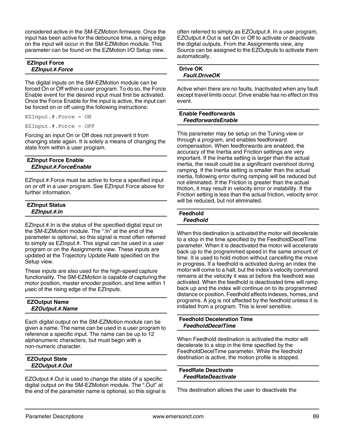 Emerson P/N 400361-00 EZInput.#.ForceEnable, EZInput.#.In, EZOutput.#.Name, EZOutput.#.Out, Fault.DriveOK, Feedhold 