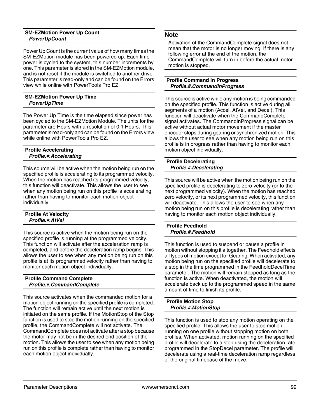 Emerson P/N 400361-00 manual PowerUpCount, PowerUpTime, Profile.#.Accelerating, Profile.#.AtVel, Profile.#.CommandComplete 