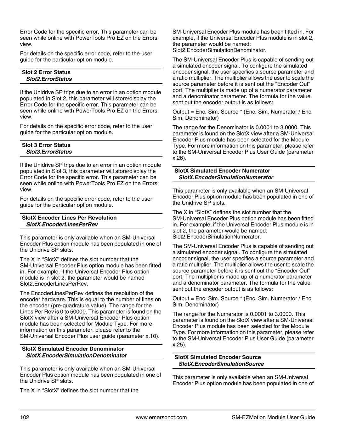 Emerson P/N 400361-00 Slot2.ErrorStatus, Slot3.ErrorStatus, SlotX.EncoderLinesPerRev, SlotX.EncoderSimulationDenominator 