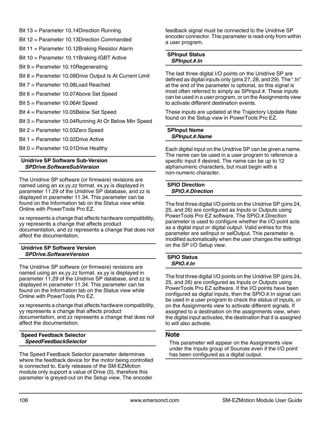 Emerson P/N 400361-00 SPDrive.SoftwareSubVersion, SPDrive.SoftwareVersion, SpeedFeedbackSelector, SPInput.#.In, SPIO.#.In 