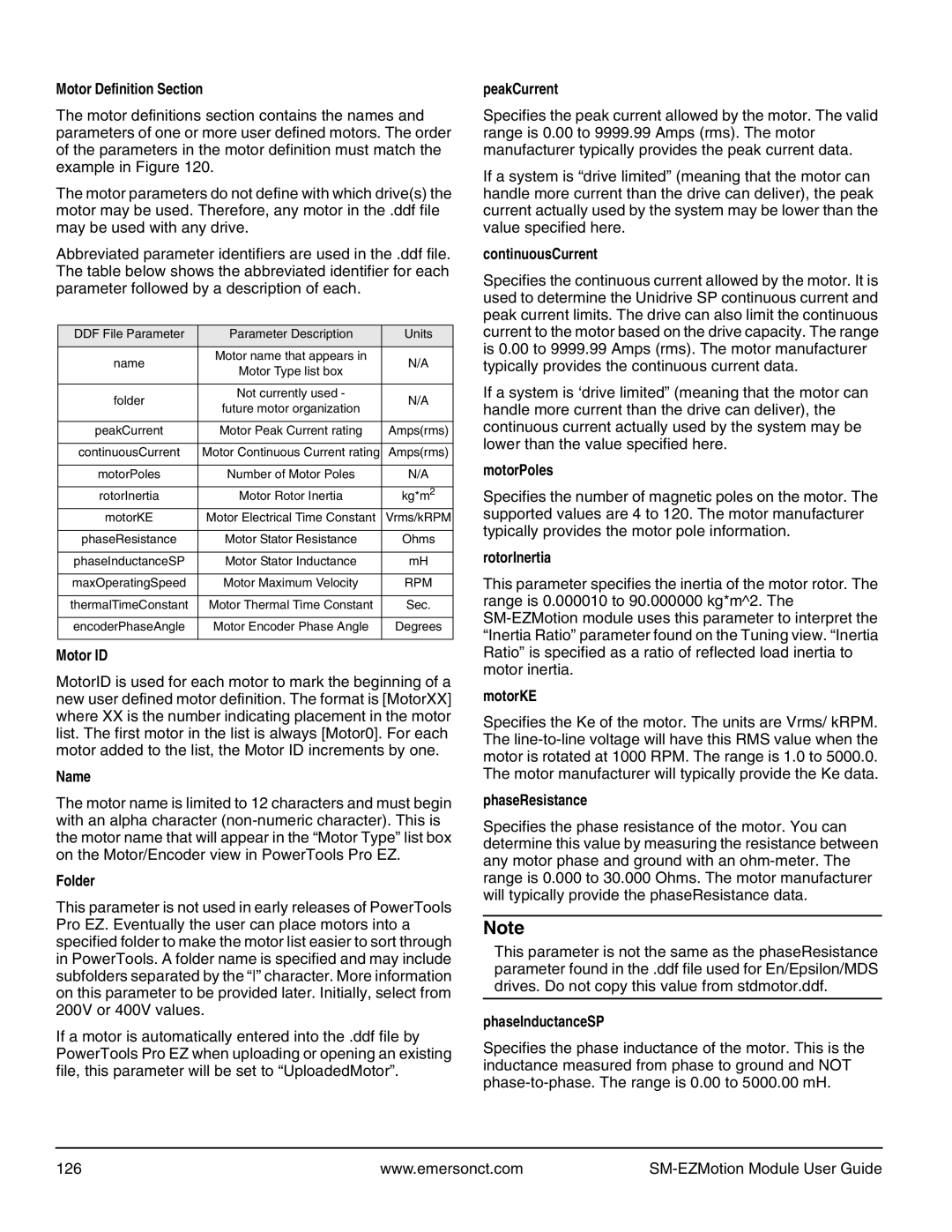 Emerson P/N 400361-00 Motor Definition Section, Motor ID, Folder, PeakCurrent, ContinuousCurrent, MotorPoles, RotorInertia 