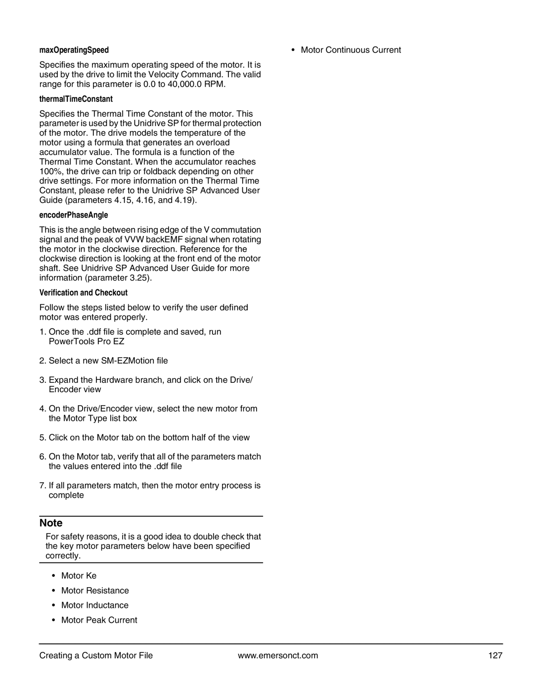 Emerson P/N 400361-00 manual MaxOperatingSpeed, ThermalTimeConstant, EncoderPhaseAngle, Verification and Checkout 