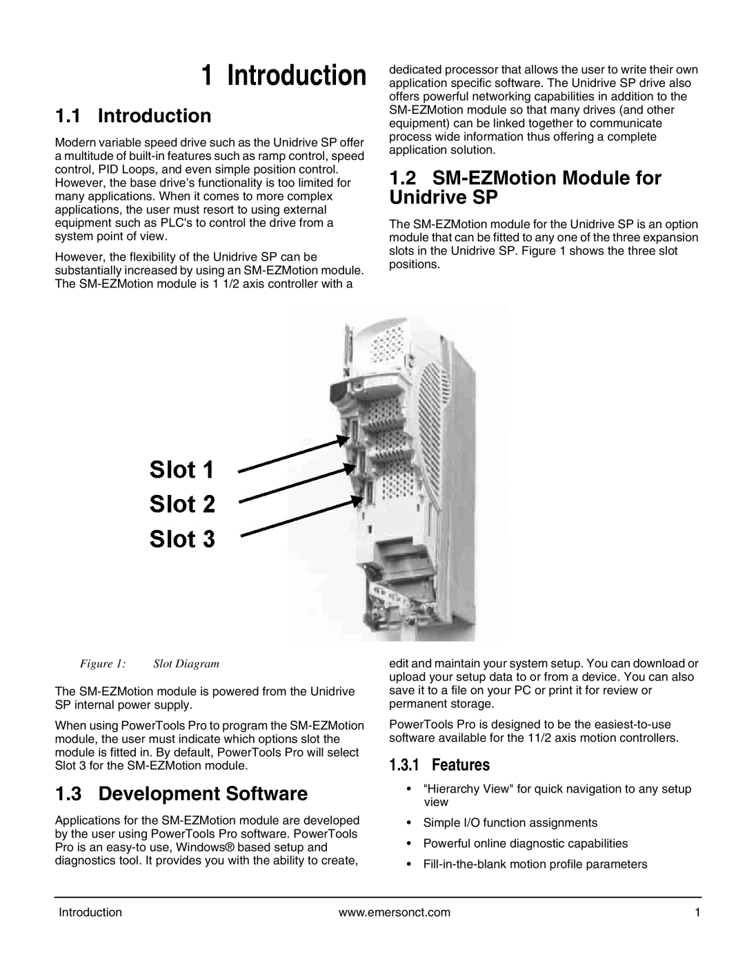 Emerson P/N 400361-00 manual Introduction, Development Software, SM-EZMotion Module for Unidrive SP, Features 