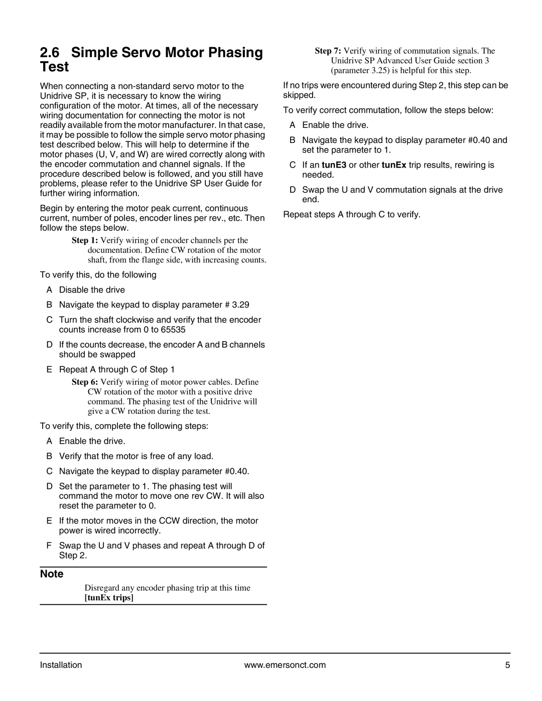 Emerson P/N 400361-00 manual Simple Servo Motor Phasing Test, TunEx trips 