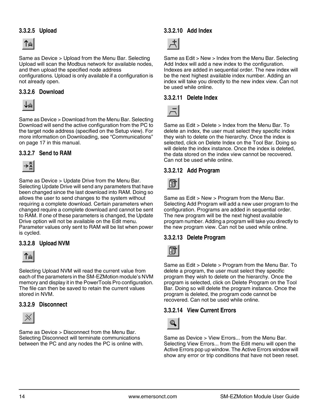 Emerson P/N 400361-00 manual Download, Send to RAM, Upload NVM, Disconnect, Delete Index, Add Program, Delete Program 