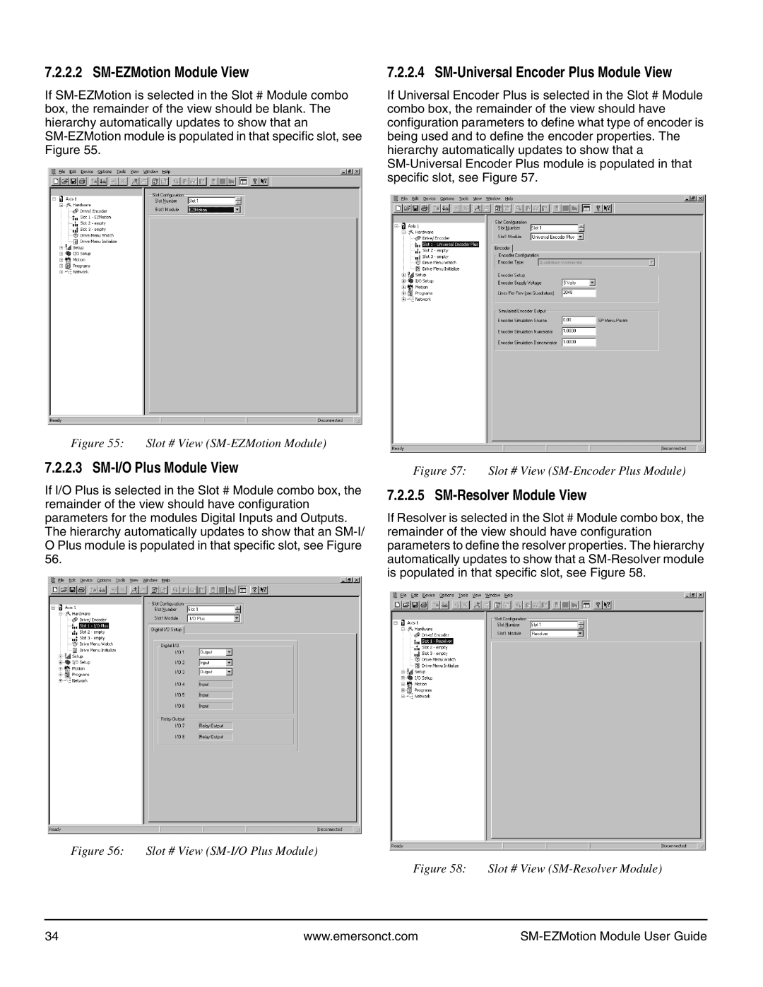 Emerson P/N 400361-00 manual SM-EZMotion Module View, SM-Universal Encoder Plus Module View, SM-I/O Plus Module View 
