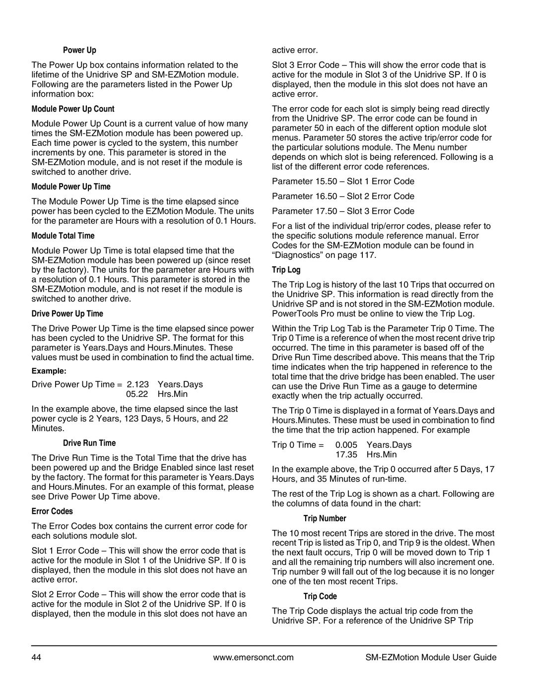 Emerson P/N 400361-00 Module Power Up Count, Module Power Up Time, Module Total Time, Drive Power Up Time, Error Codes 