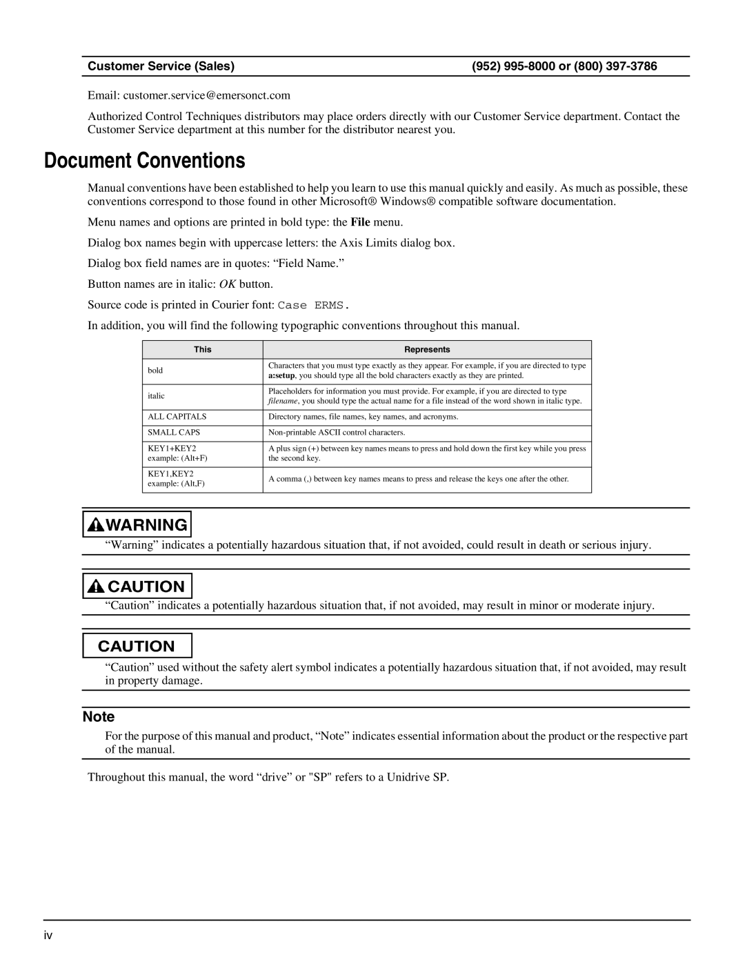 Emerson P/N 400361-00 manual Document Conventions, Customer Service Sales 952 995-8000 or 800 